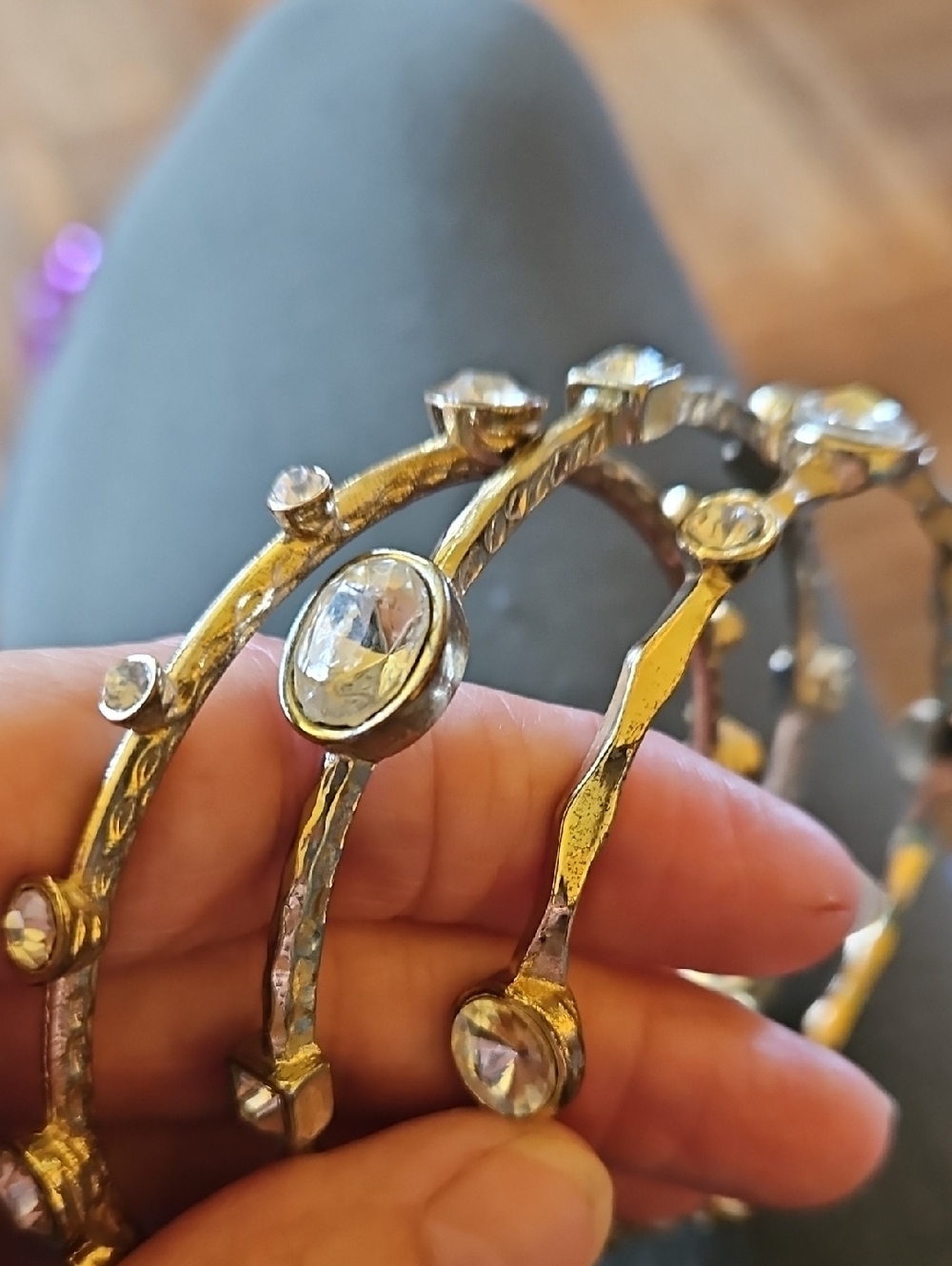 Gold-Tone Textured Hammered Bangles With Clear Rhinestones Multiple Styles. - Picture 7 of 7
